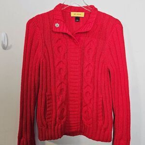 St. John Long Sleeve  Cableknit Chunky Wool Cardigan Sweater Women's Red Size Sm